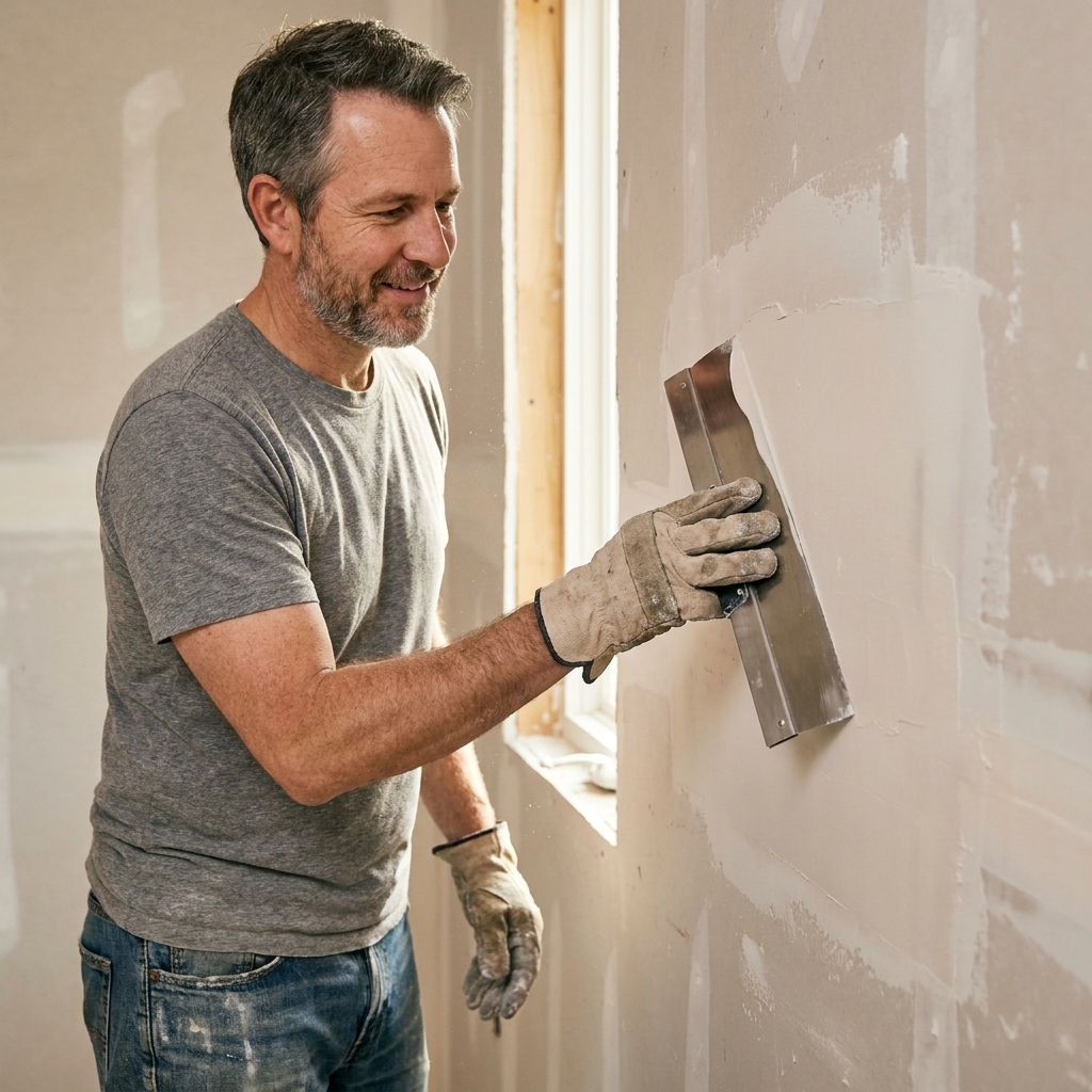 A homeowner using a wide taping knife to feather joint compound smoothly over a drywall patch, leaving a thin even layer
