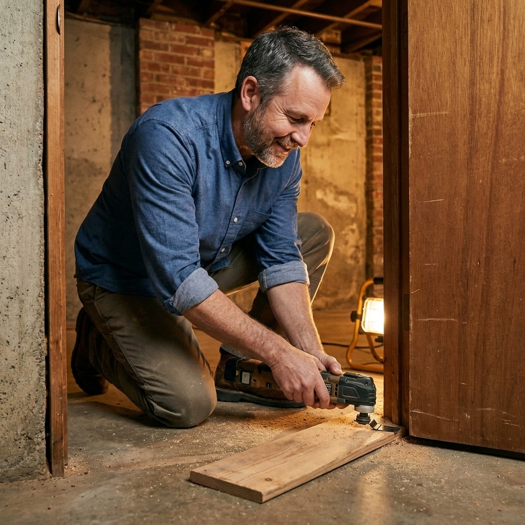 A homeowner using an oscillating multi-tool to undercut a basement door jamb with a scrap plank used as a height guide