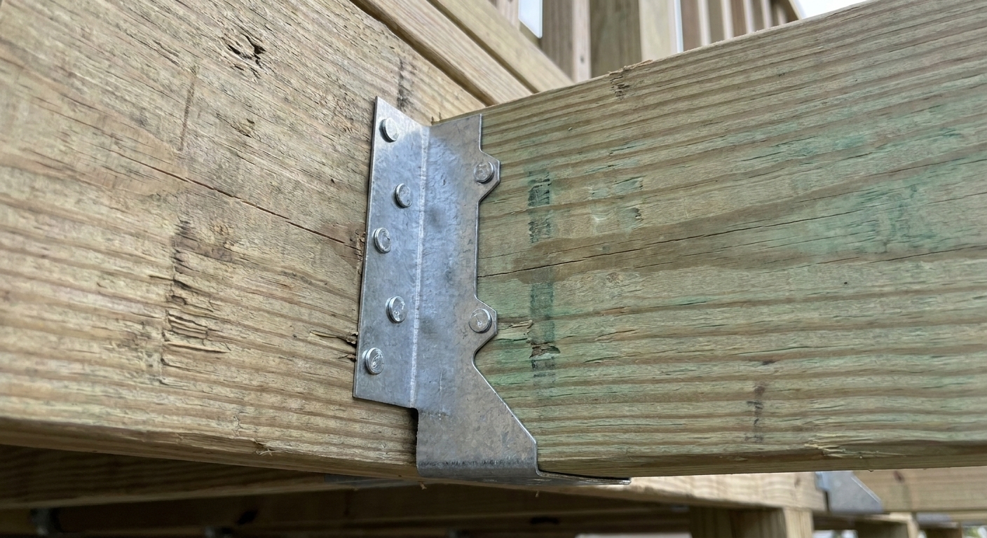 A joist hanger fastened to a rim joist with galvanized hanger nails, with a pressure-treated joist seated in the hanger