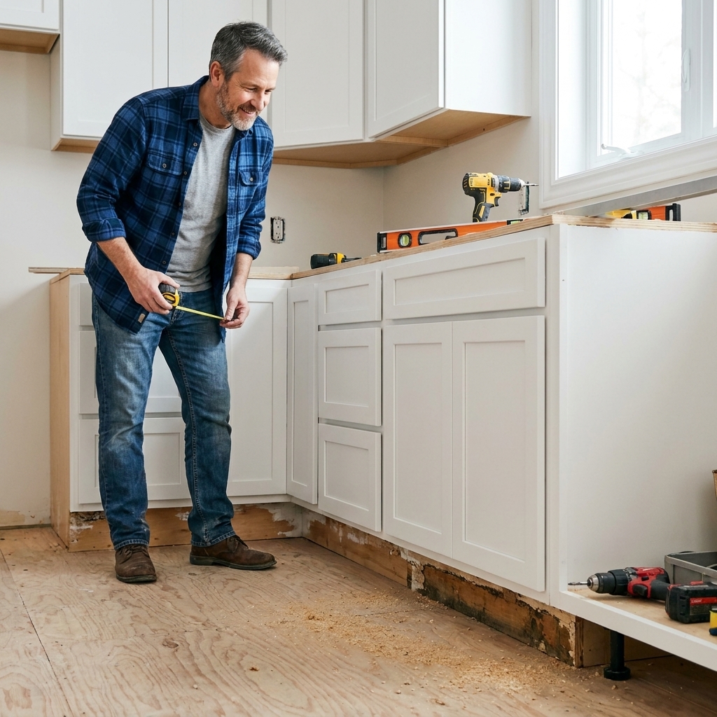 A kitchen mid-renovation with newly installed white Shaker cabinet doors and drawer fronts, unfinished toe kick area visible