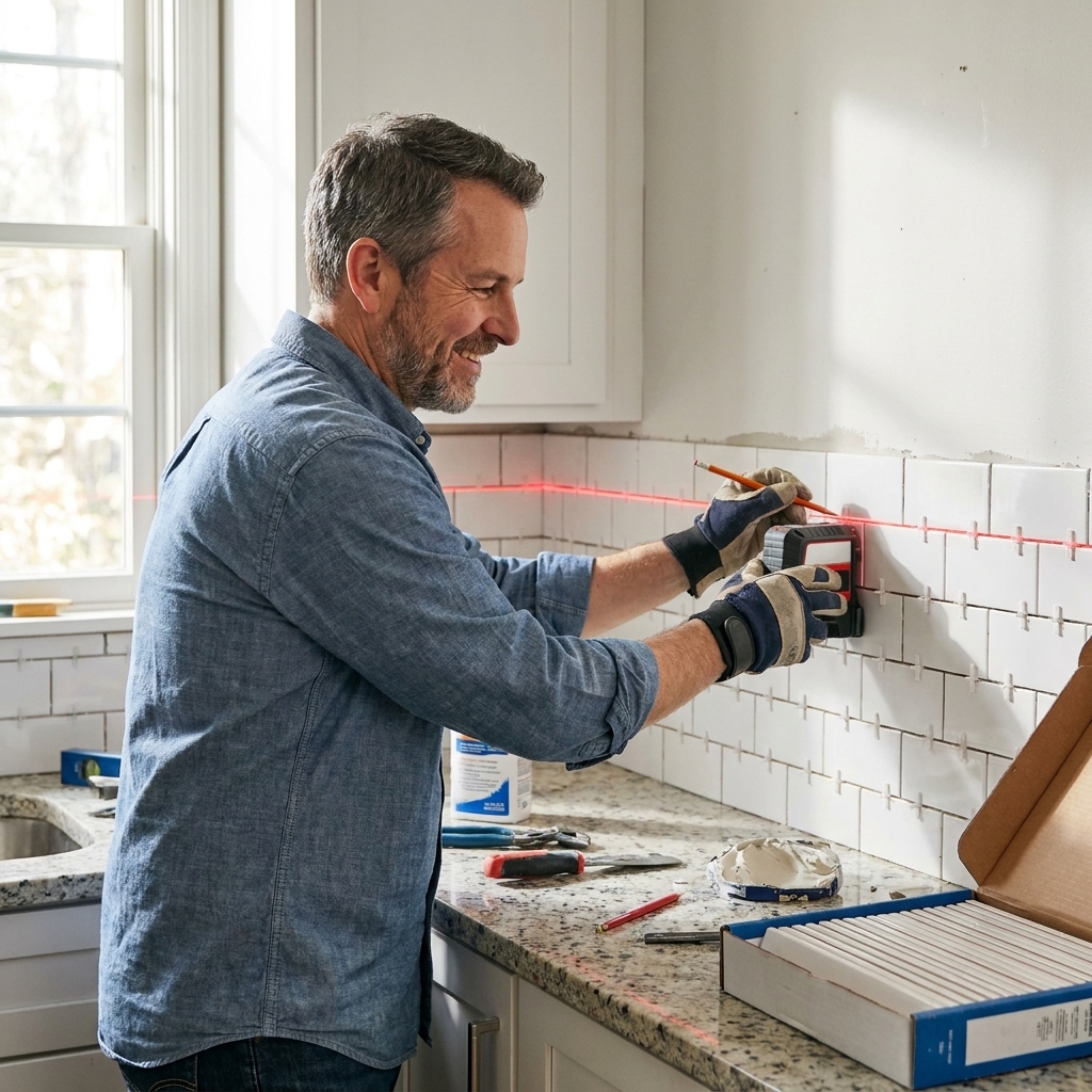 A laser level projecting a bright horizontal line across a kitchen backsplash wall above a countertop, ready for tile layout