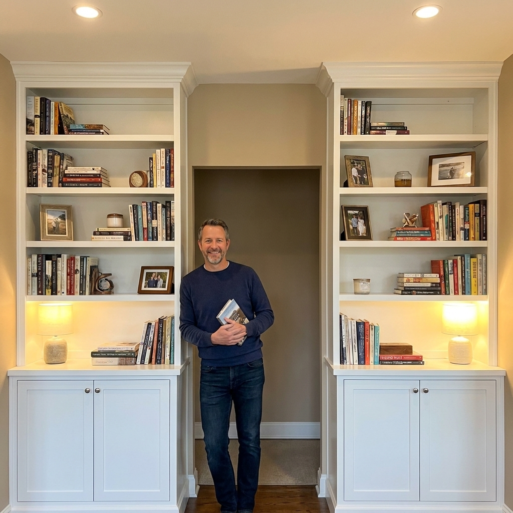 Built-In Bookshelves With Stock Cabinets and MDF