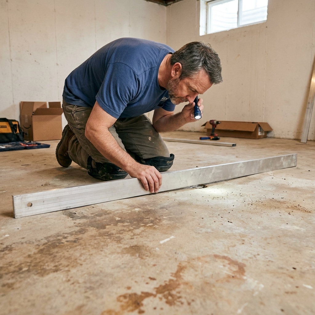 A long straightedge laid across a basement concrete floor while a homeowner checks for a low spot near the center
