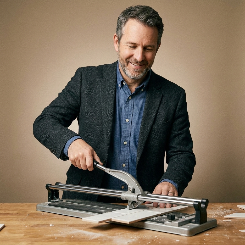 A manual score-and-snap tile cutter on a workbench with a ceramic subway tile positioned for a straight cut
