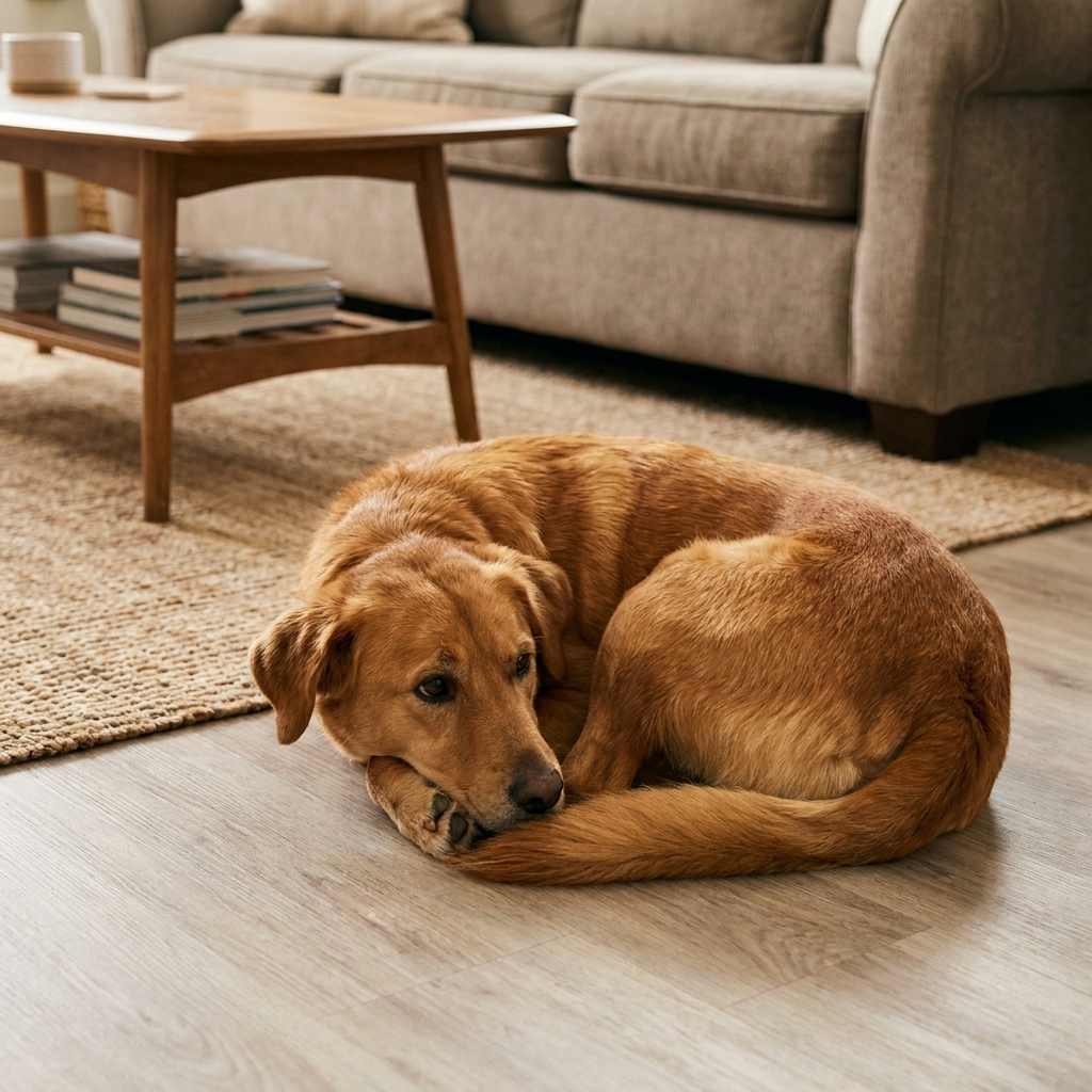 A medium-sized dog lying on a laminate floor in a family living room with a coffee table and area rug