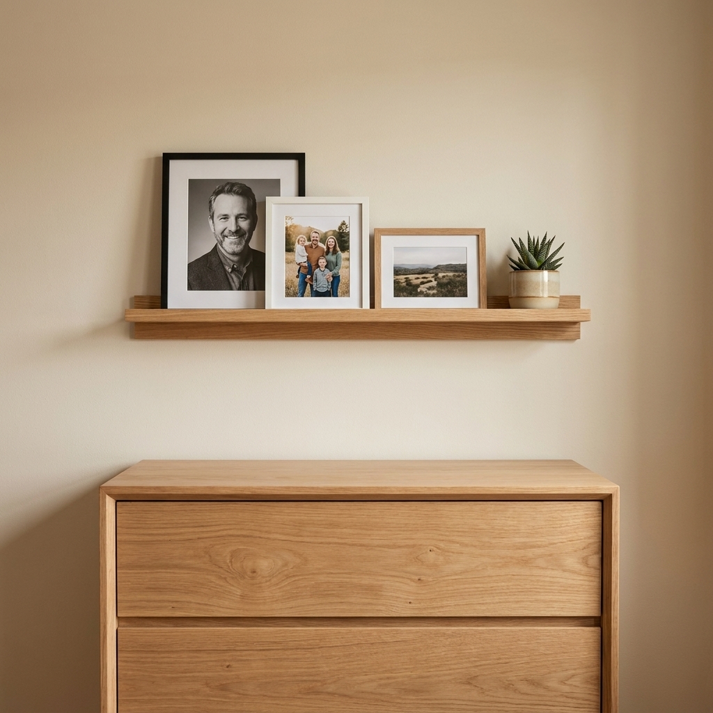 A minimalist bedroom wall with a slim picture ledge holding framed photos and a small plant above a wooden dresser