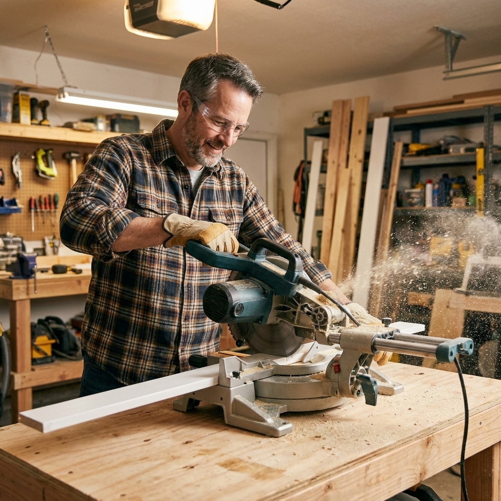 A miter saw cutting a flat 1x4 casing board on a workbench in a garage workshop, sawdust visible mid-cut