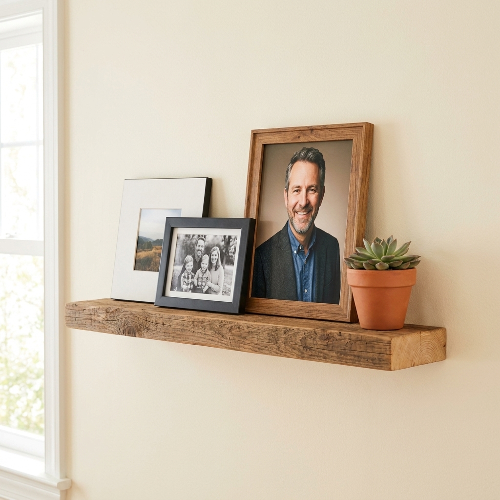 A narrow wooden picture ledge mounted on a living room wall holding framed photos and a small plant