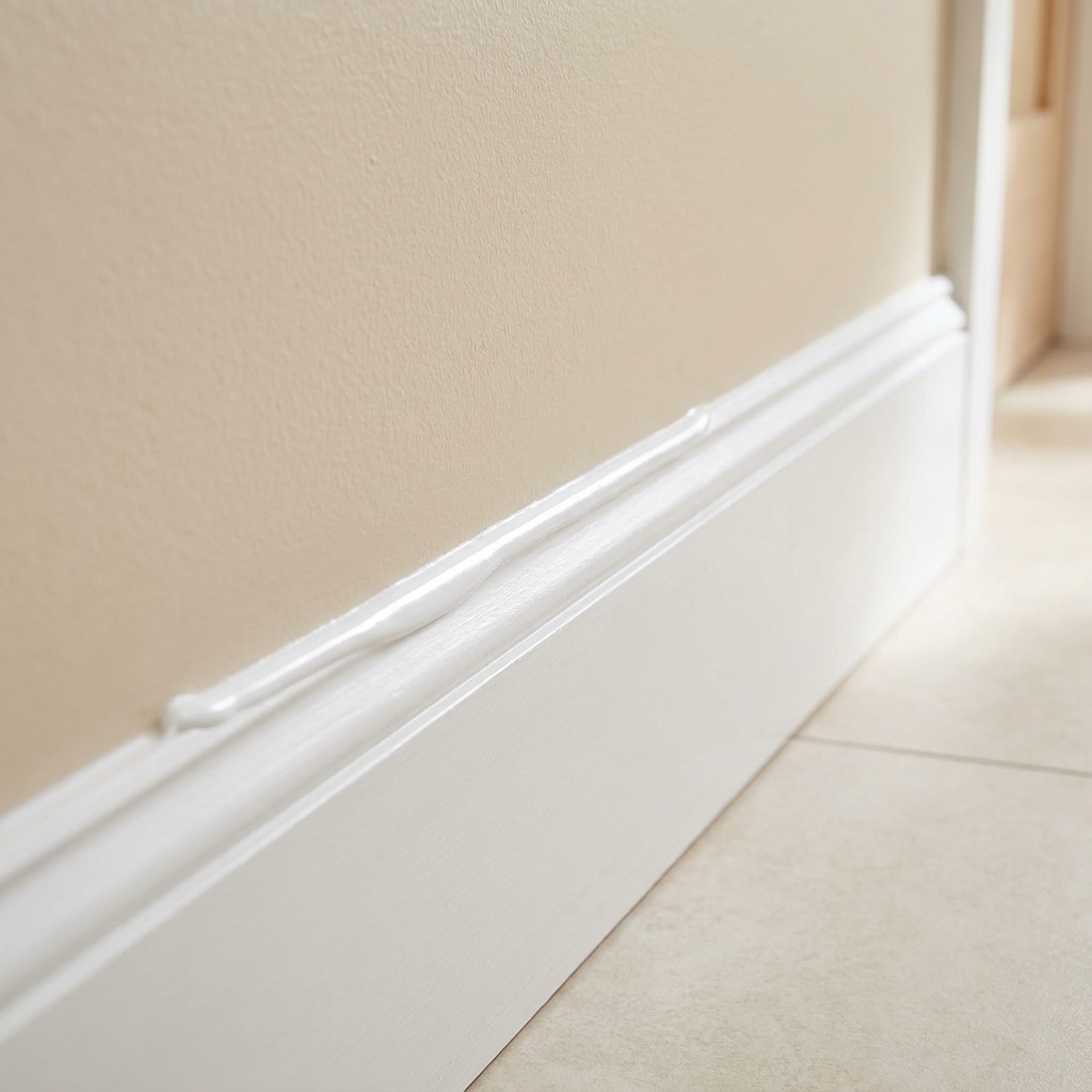 A neat bead of white acrylic caulk along a bathroom baseboard against a painted wall, ready for paint