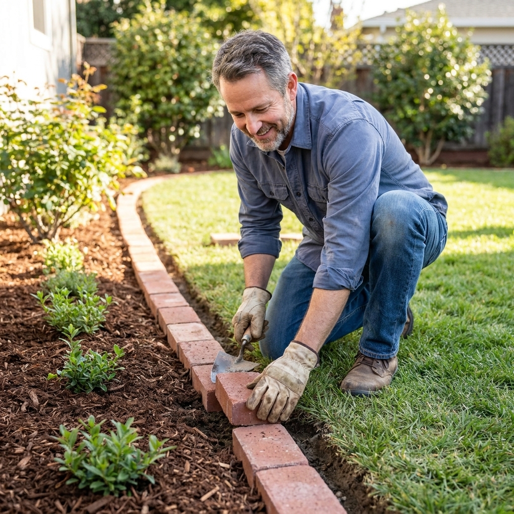 A neat row of red brick pavers installed as garden edging, separating a mulched flower bed from a freshly cut lawn in daylight