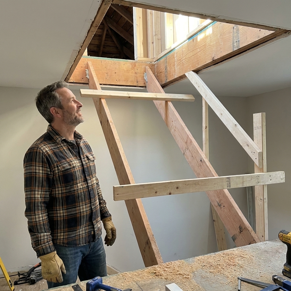 A newly framed staircase opening leading up to an attic, showing joist headers, temporary guard boards, and unfinished wood framing