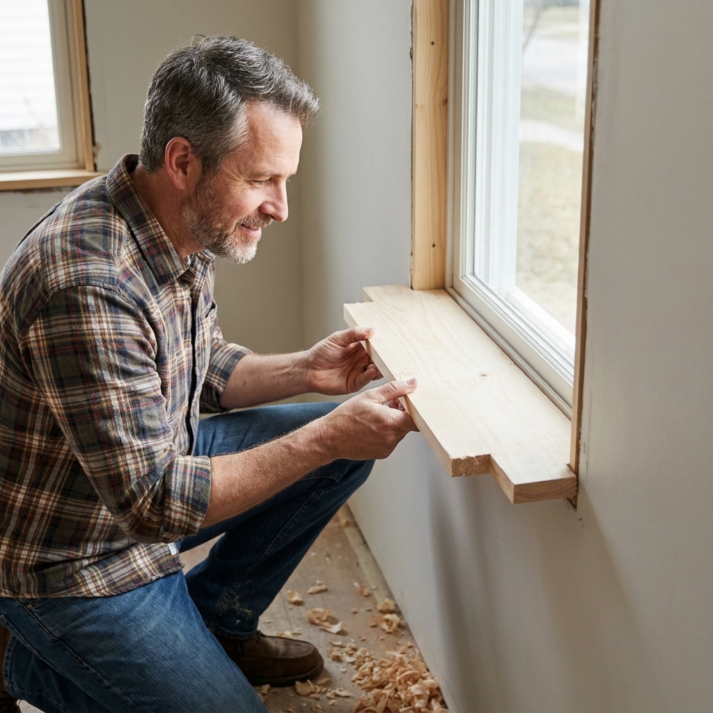A paint-grade wood window stool board with freshly cut notches test-fit into a window opening