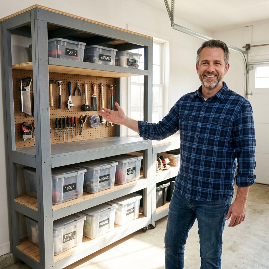 A painted wooden garage shelving unit in a bright garage, holding labeled storage totes and tools.