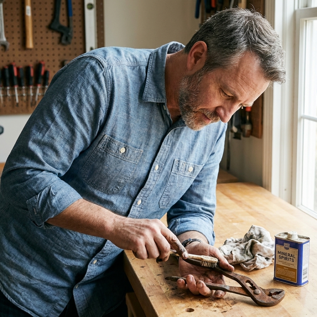 A pair of slip-joint pliers being scrubbed with a toothbrush on a workbench while a rag and a small container of mineral spirits sit nearby