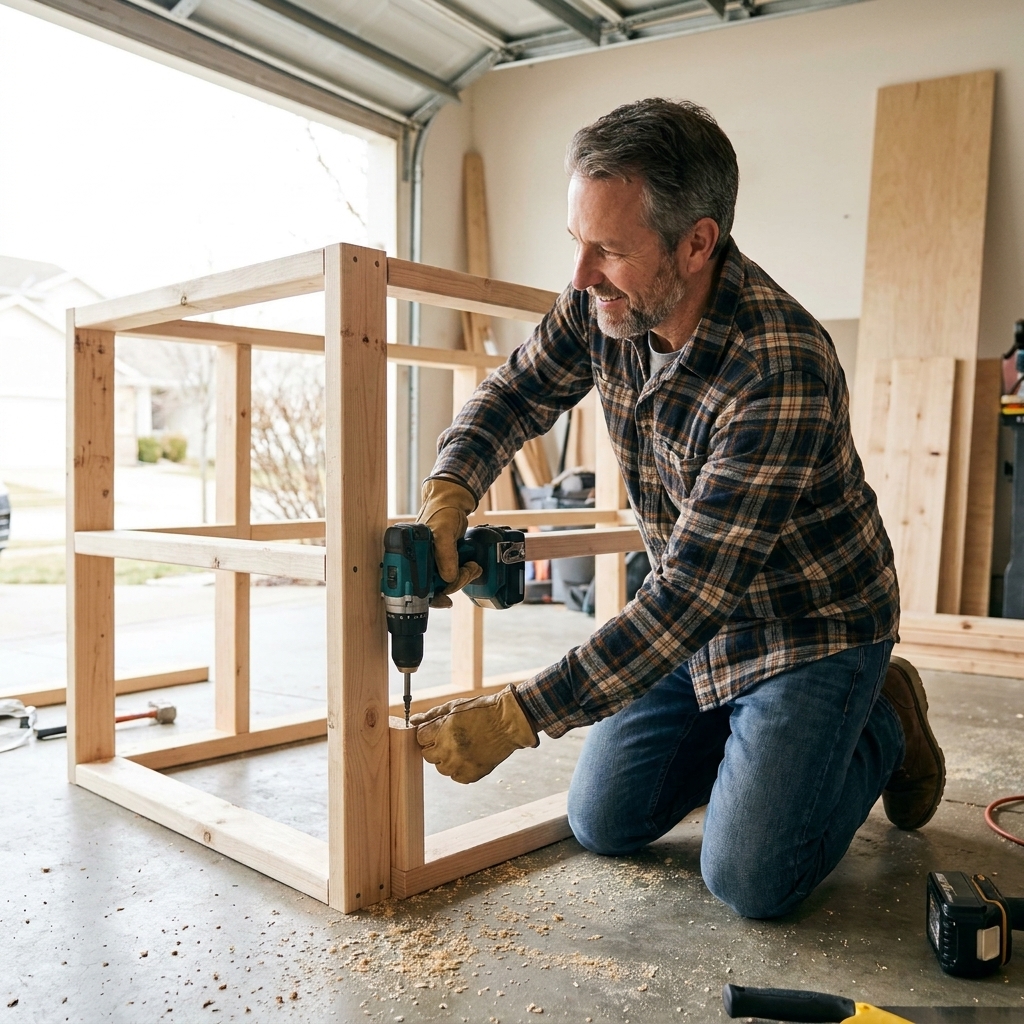 A partially assembled 2x4 shelf frame on a garage floor with a drill driving screws into a corner joint.