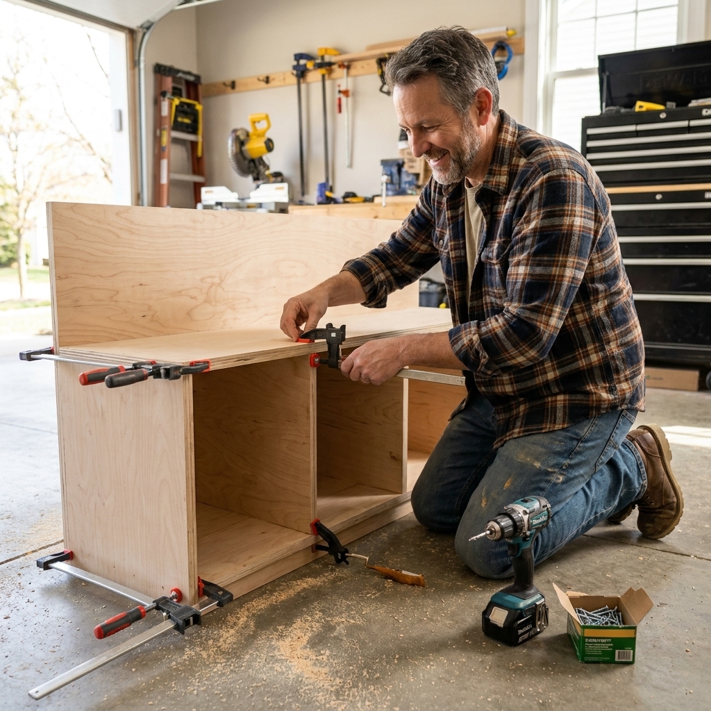 A partially assembled plywood mudroom bench base on a garage floor with three shoe cubbies, clamps holding pieces square, and a drill nearby
