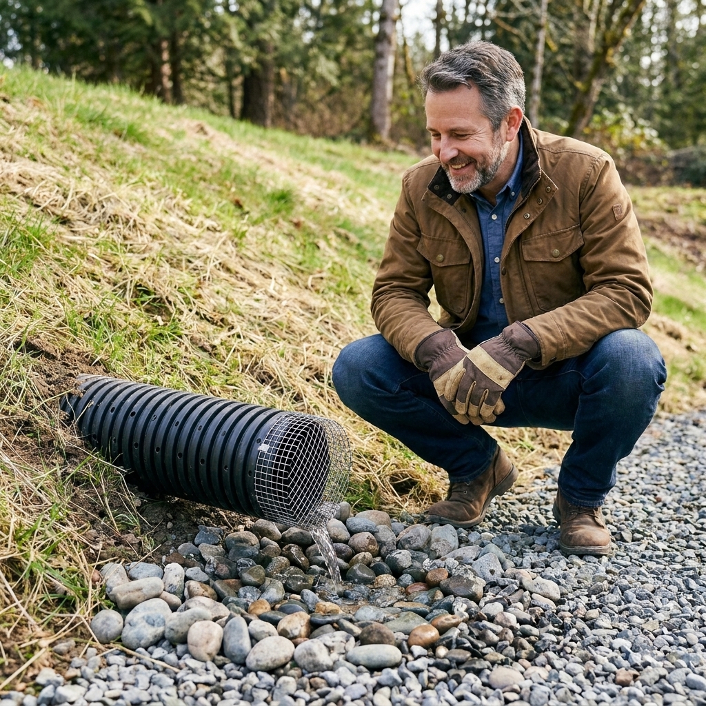 A perforated drain pipe exiting a slope to daylight with a rodent guard grate at the end, releasing water onto a gravel splash pad