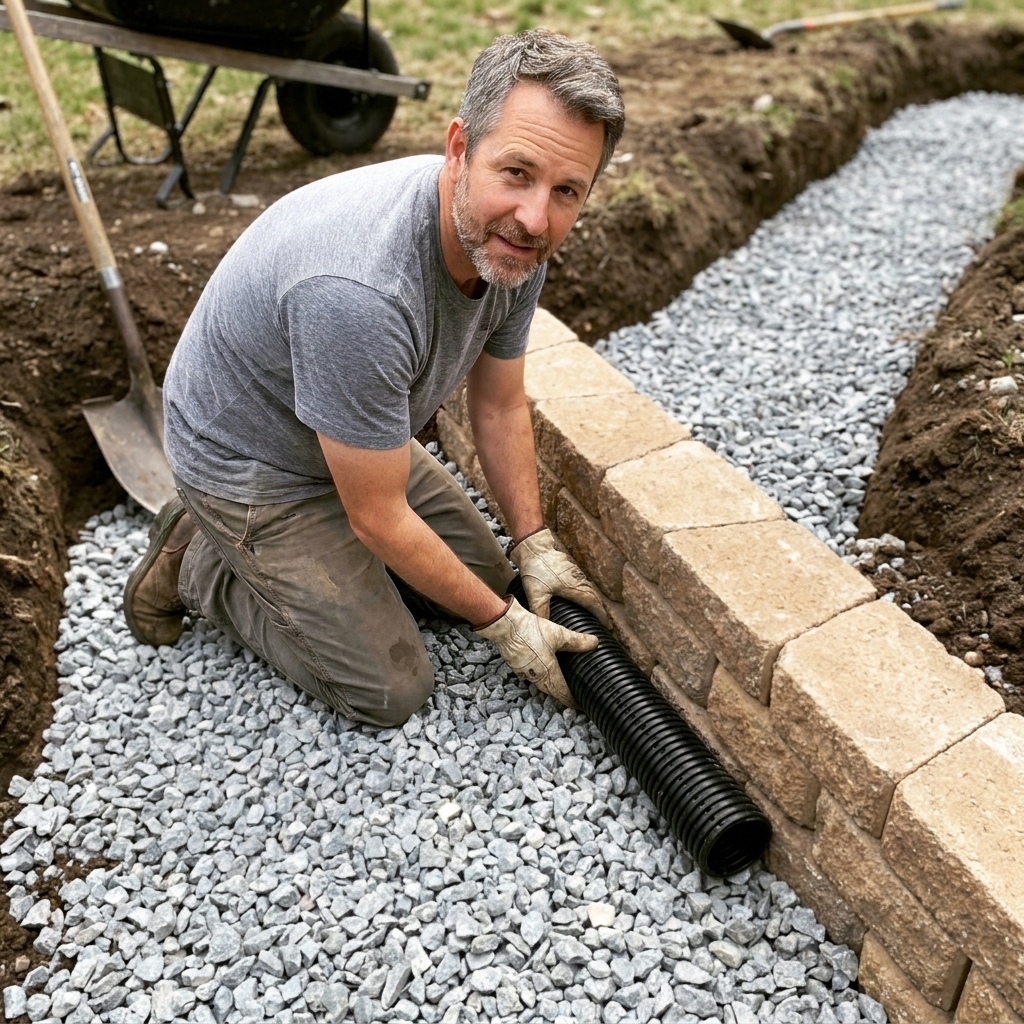 A perforated drain pipe set behind the first course of retaining wall blocks, surrounded by clean crushed drain stone