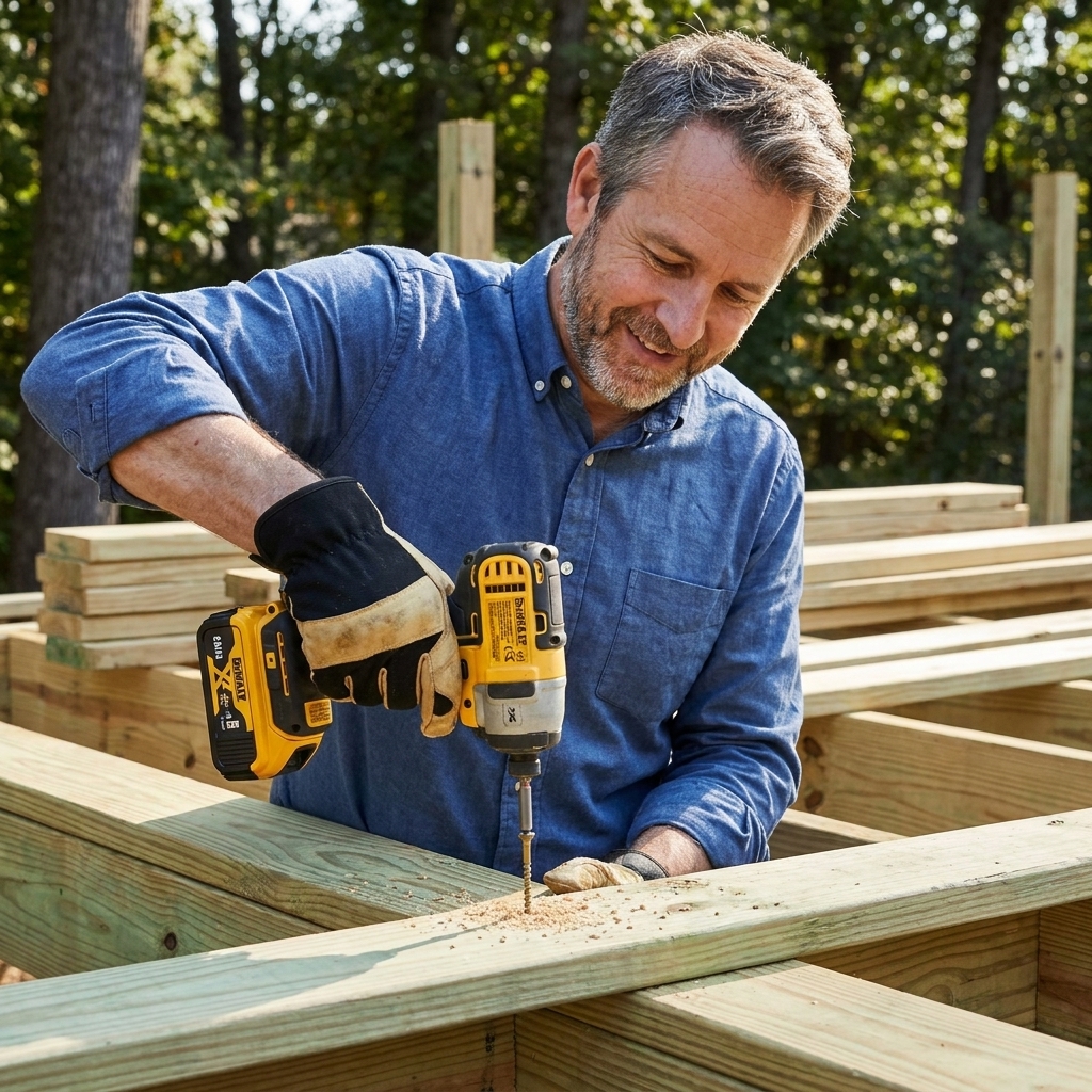 A person driving a deck screw into pressure-treated lumber using a cordless impact driver outdoors