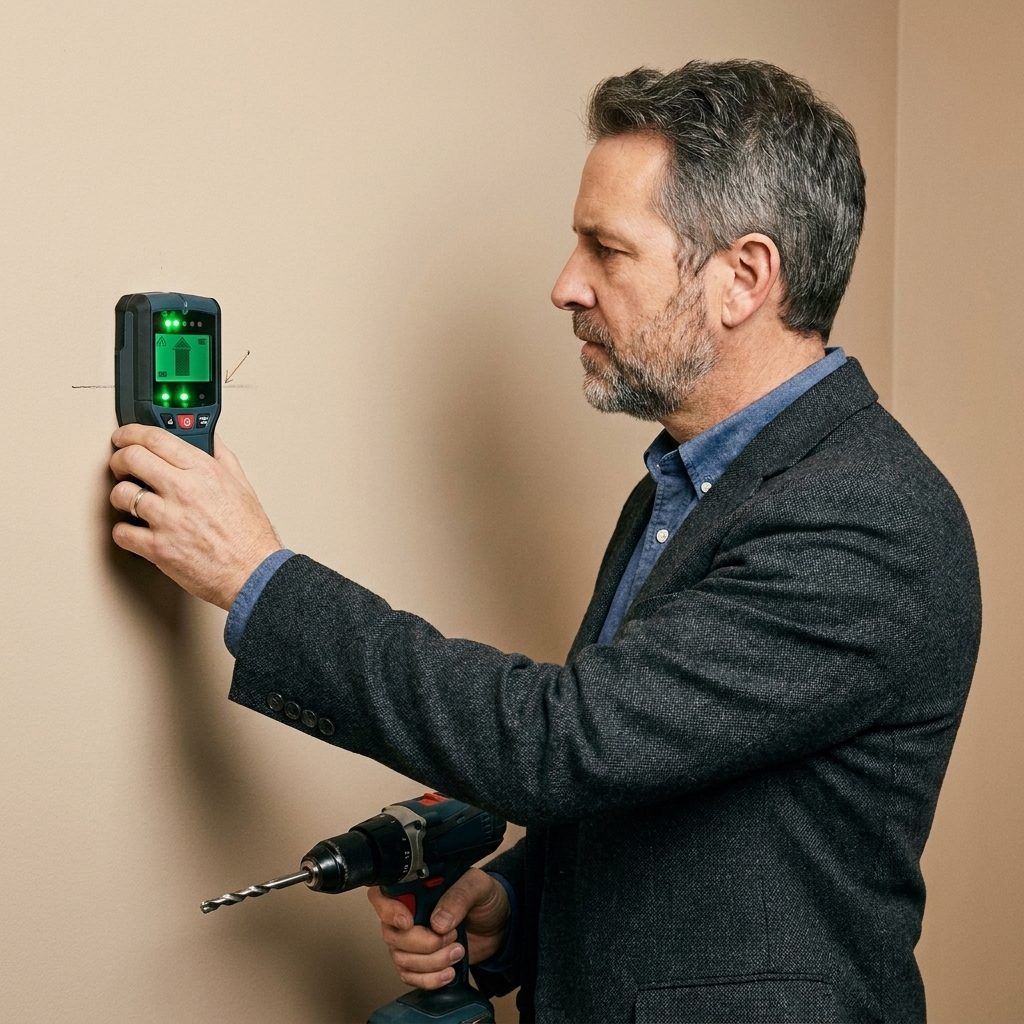 A person holding a radar-style wall scanner against an interior wall while preparing to drill a mounting hole