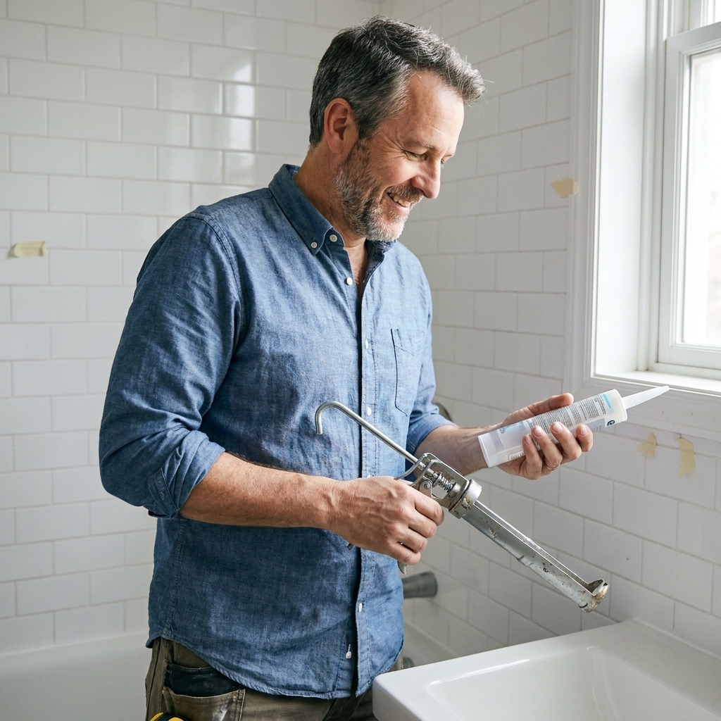 A person holding a tube of clear silicone sealant and a caulk gun in a bathroom near tile and a bathtub