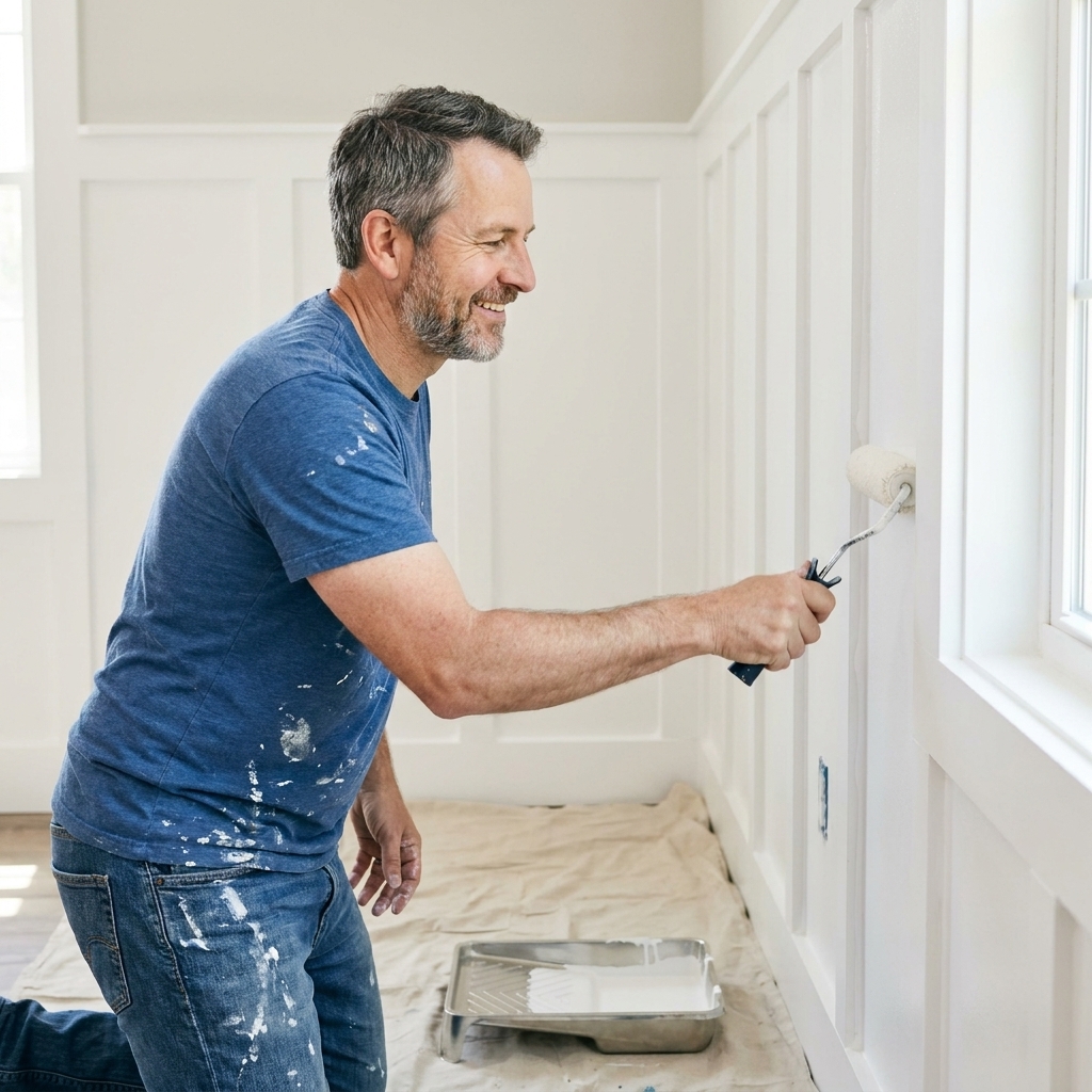 A person rolling paint onto a newly installed board and batten wall, with crisp caulked seams and a paint tray on a drop cloth below