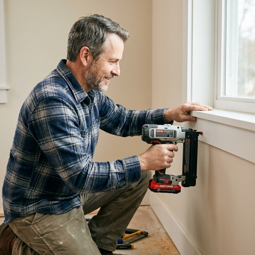 A person using a cordless brad nailer to fasten flat Craftsman window casing along a reveal line on an interior wall