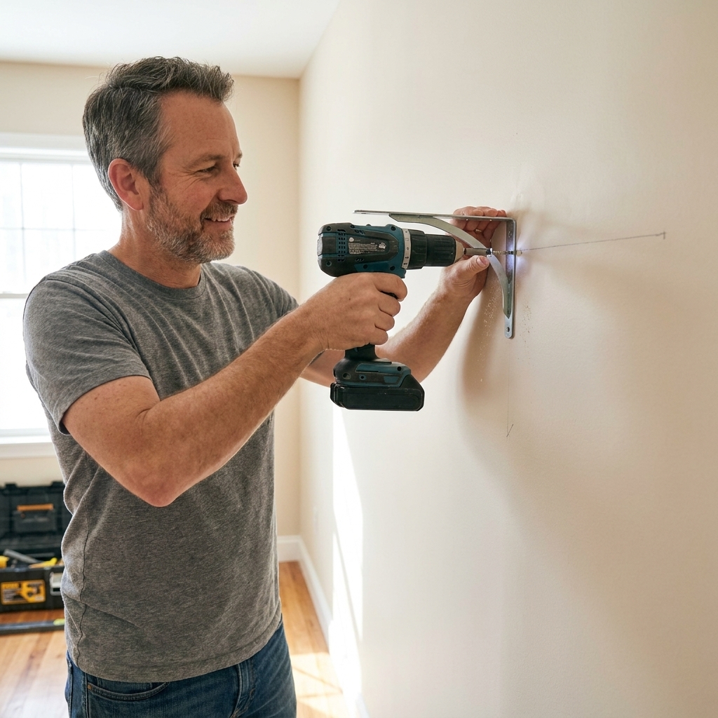 A person using a cordless drill to install a wall shelf bracket on painted drywall inside a home