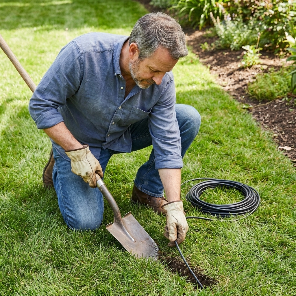 A person using a flat shovel to open a narrow slit in grass and tuck low-voltage landscape lighting cable below the surface