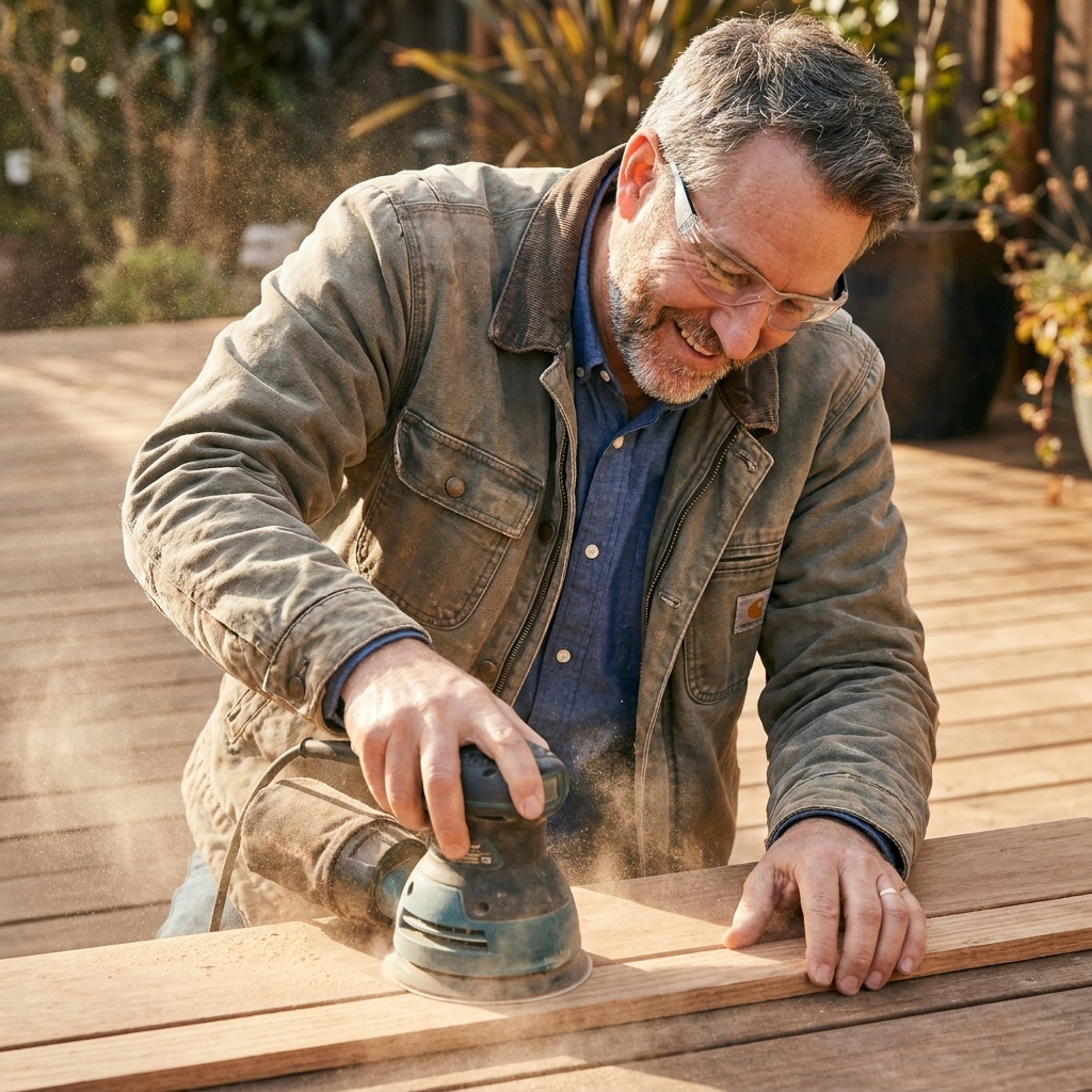 A person using a random orbital sander on a deck board, with fine wood dust visible near the sanding pad