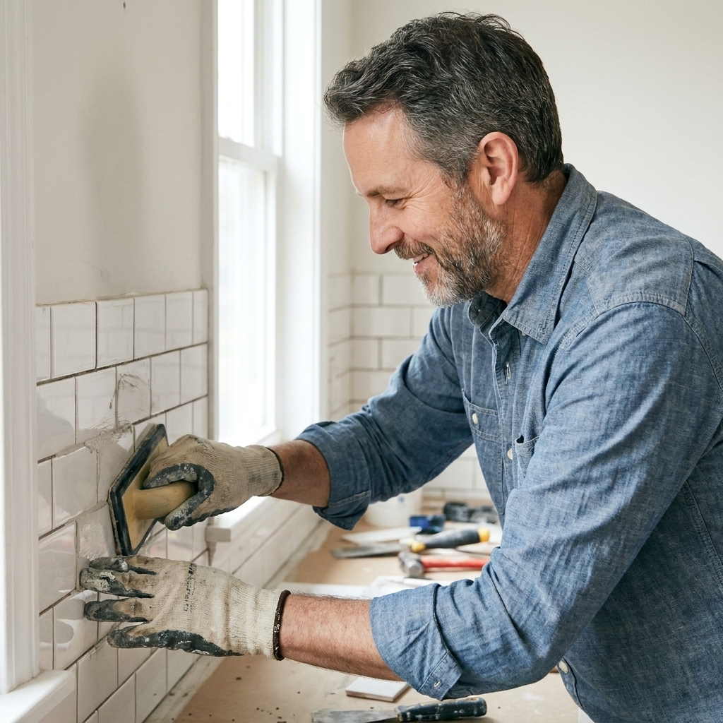 A person using a rubber grout float to spread light gray grout across a white subway tile backsplash during application