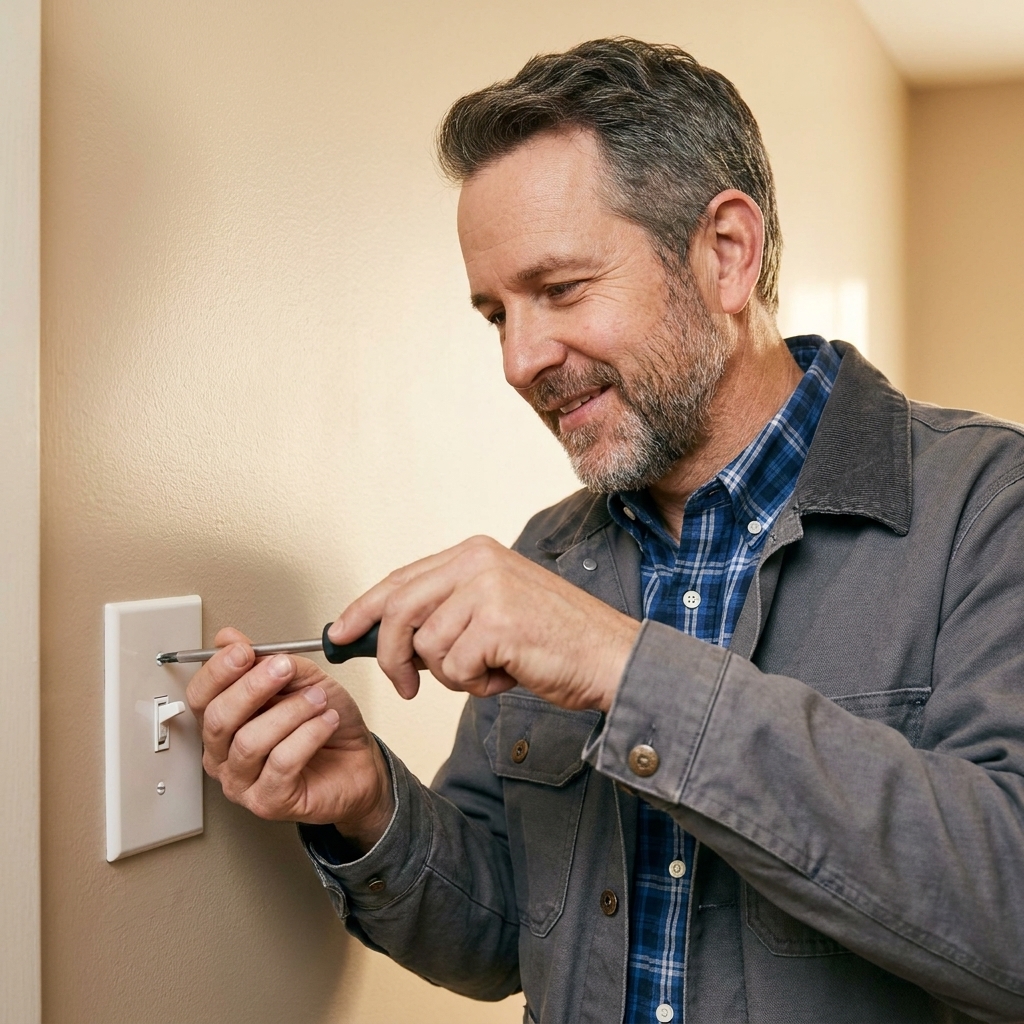 A person using a screwdriver to tighten a wall plate screw on a newly installed white toggle light switch