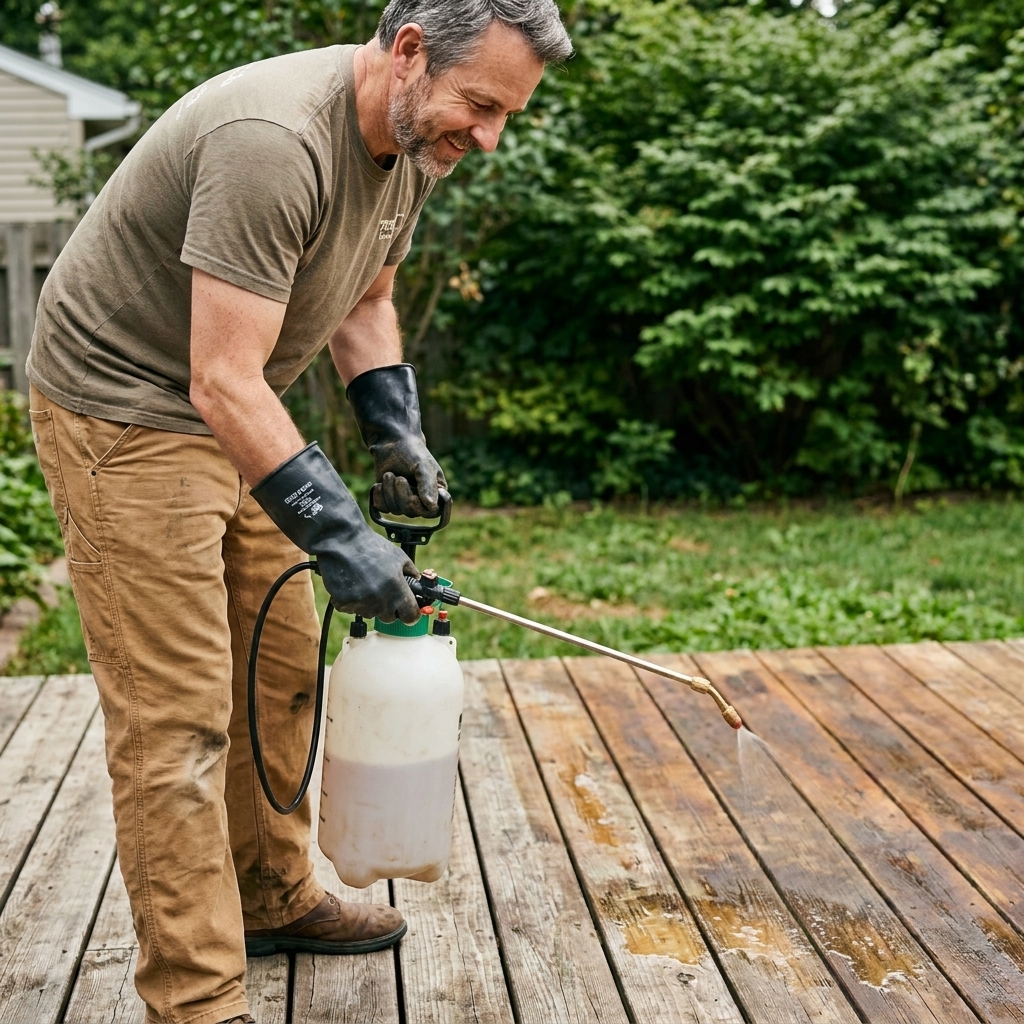 A person wearing gloves applying deck stain stripper with a pump sprayer onto wooden deck boards