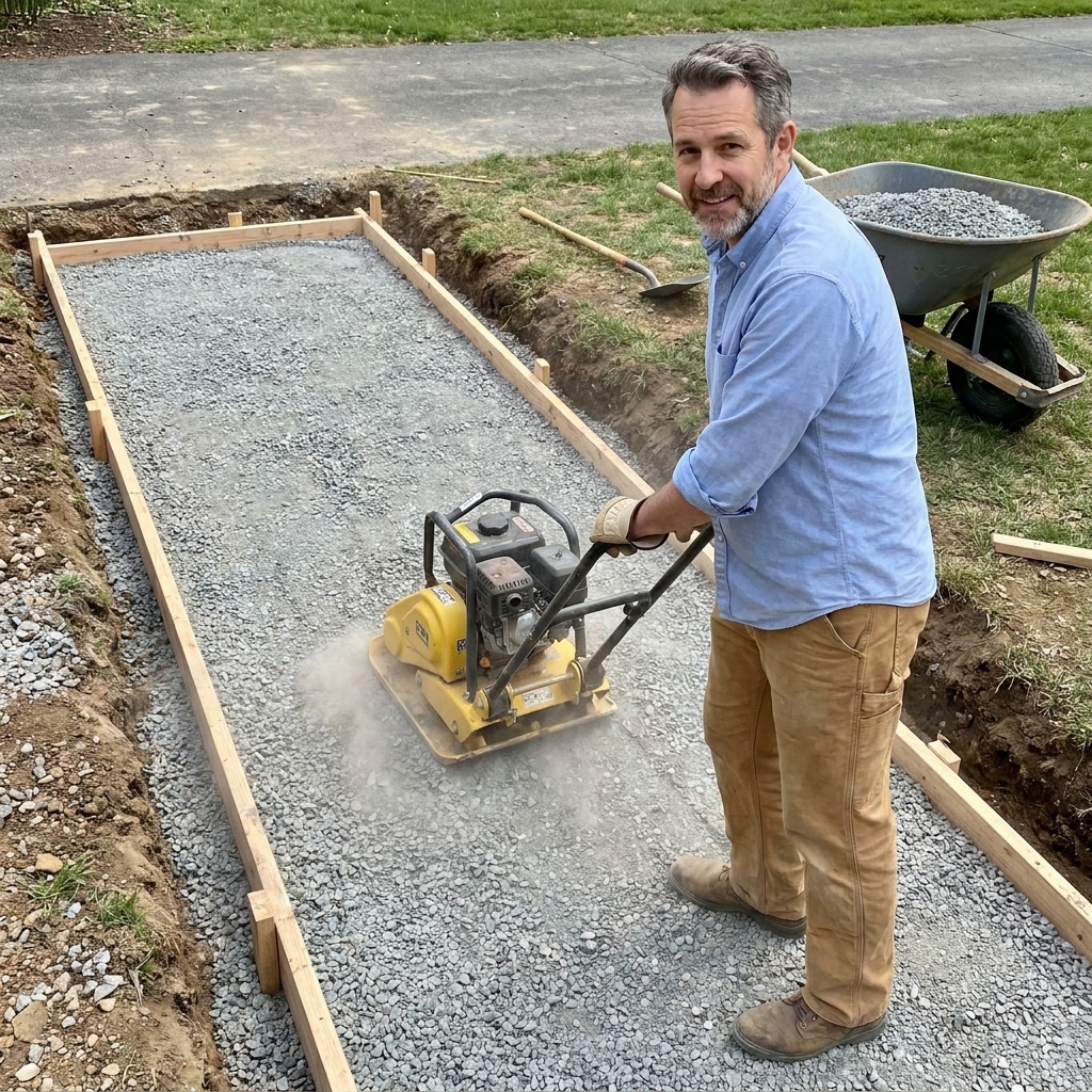 A plate compactor being pushed over a crushed stone base for a walkway, with the stone evenly spread and contained within the excavated area