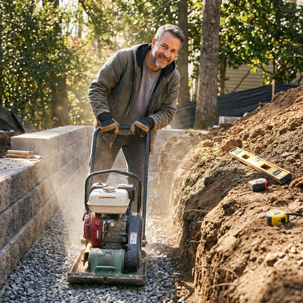 A plate compactor being used on crushed stone base in a retaining wall trench, with level tools nearby