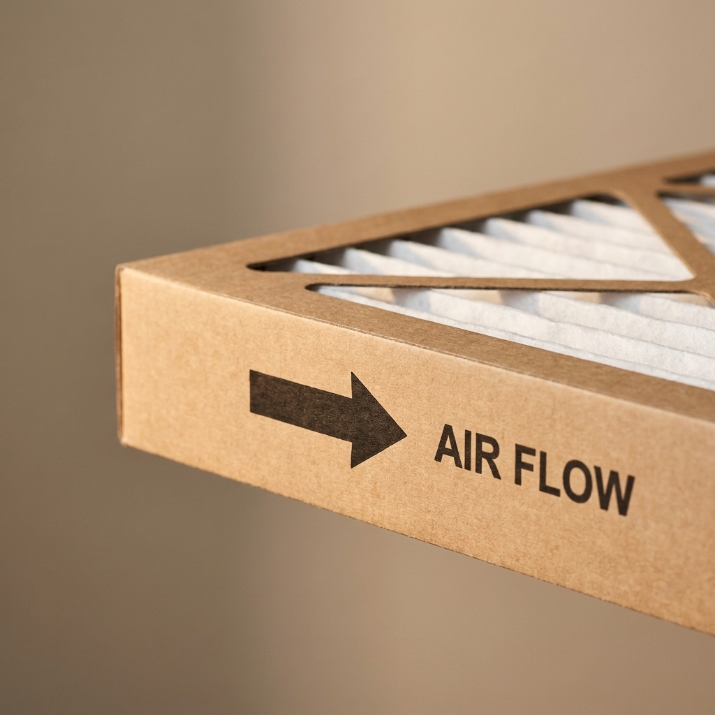 A pleated HVAC filter frame showing the airflow direction arrow printed on the cardboard