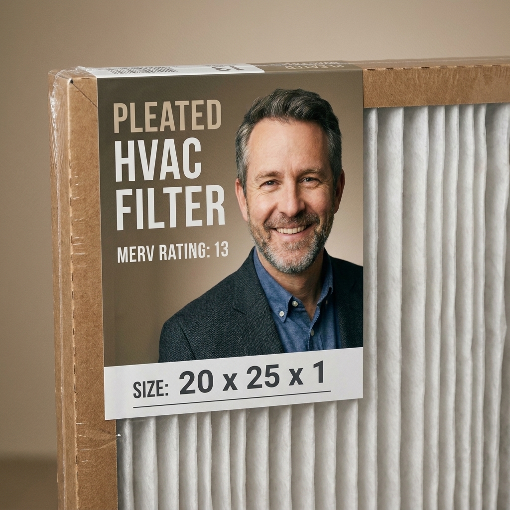 A pleated HVAC filter packaging label showing the MERV rating and the filter size