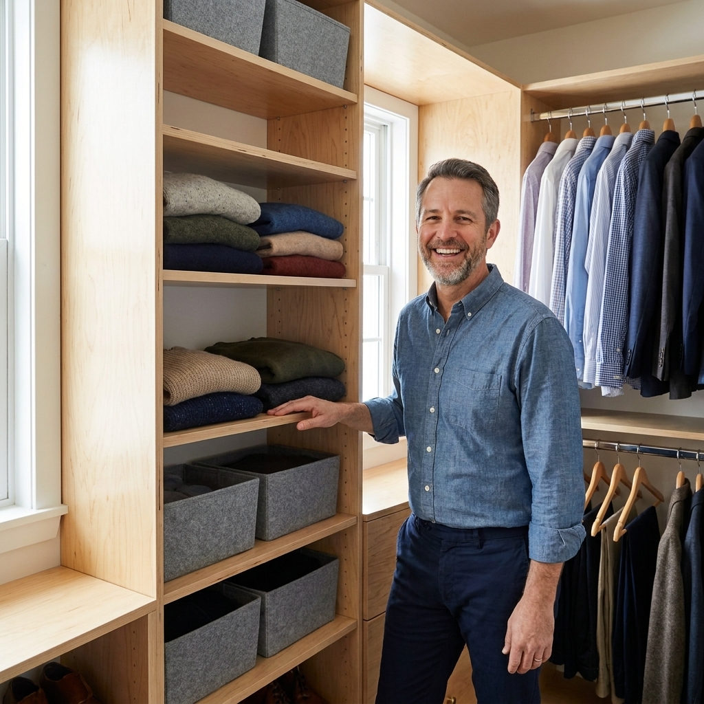 A plywood closet shelf tower installed beside a hanging section, with several adjustable shelves holding folded sweaters and storage bins