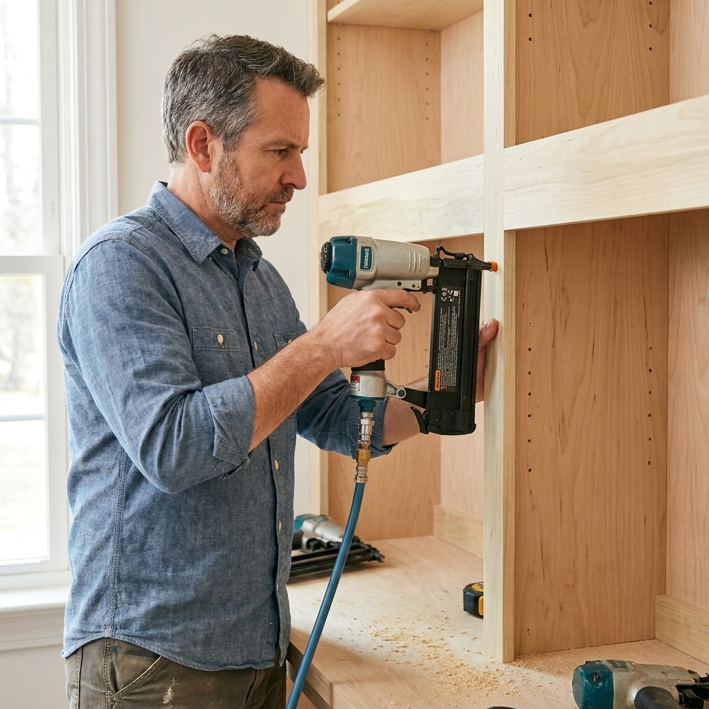 A poplar face frame being attached to a built-in shelf opening with a brad nailer