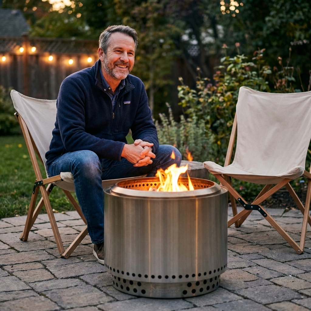 A portable metal fire pit set on a level paver base in a backyard patio area, with two chairs positioned at a safe distance