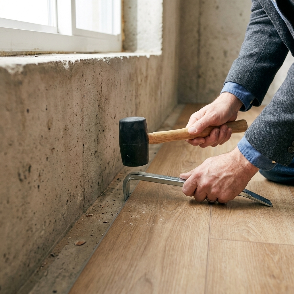 A pull bar hooked over the edge of the last row of vinyl plank flooring near a basement wall, ready to tap the joint tight