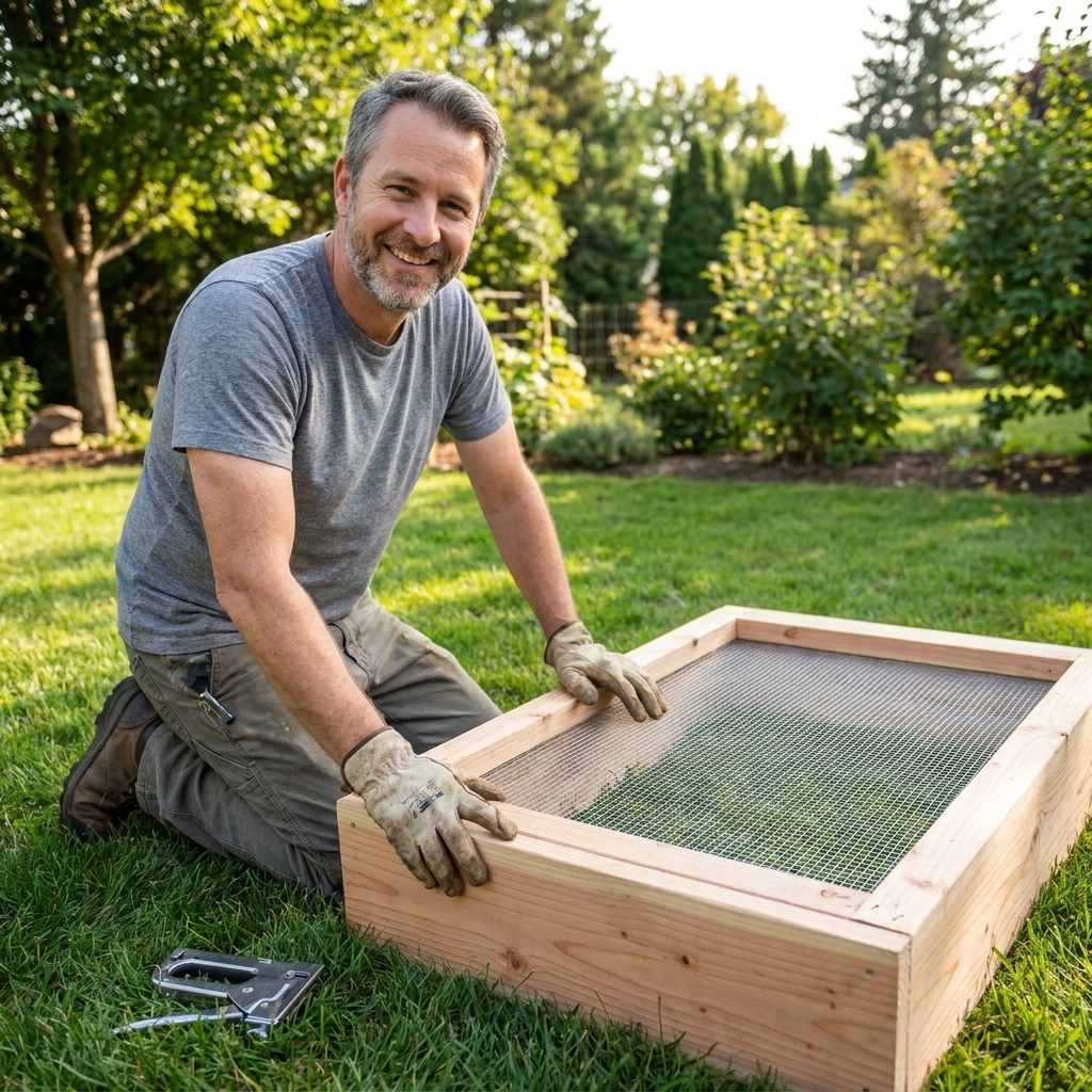 A raised garden bed frame flipped upside down on grass with galvanized hardware cloth stapled tightly across the bottom