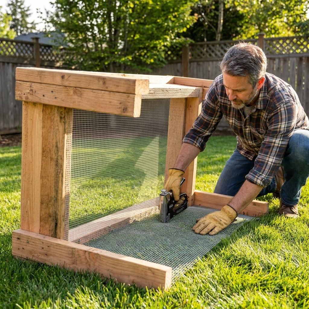 A raised garden bed frame upside down on grass with hardware cloth stapled tightly across the bottom to block rodents