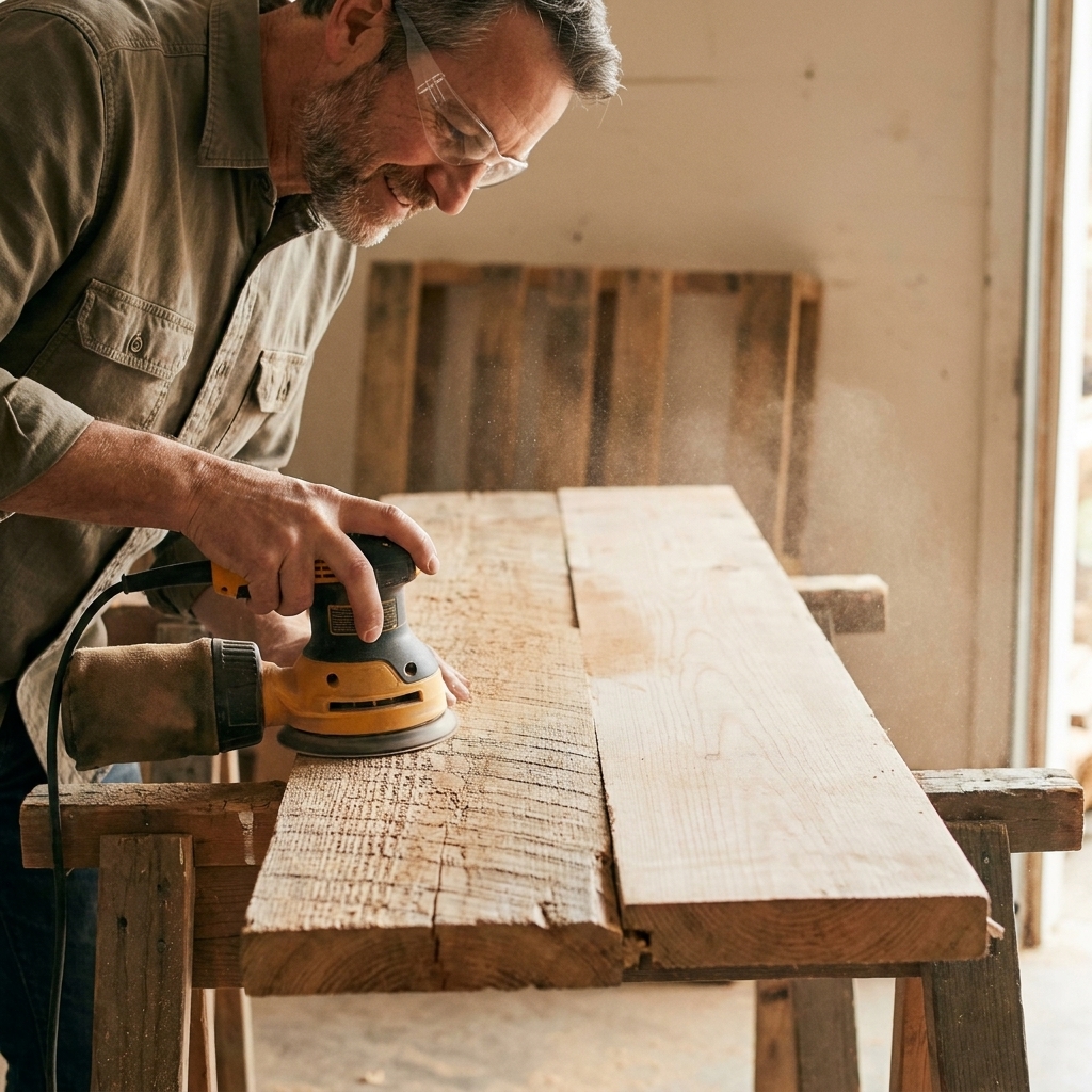 A random orbit sander smoothing a reclaimed pallet board on sawhorses as rough saw marks fade