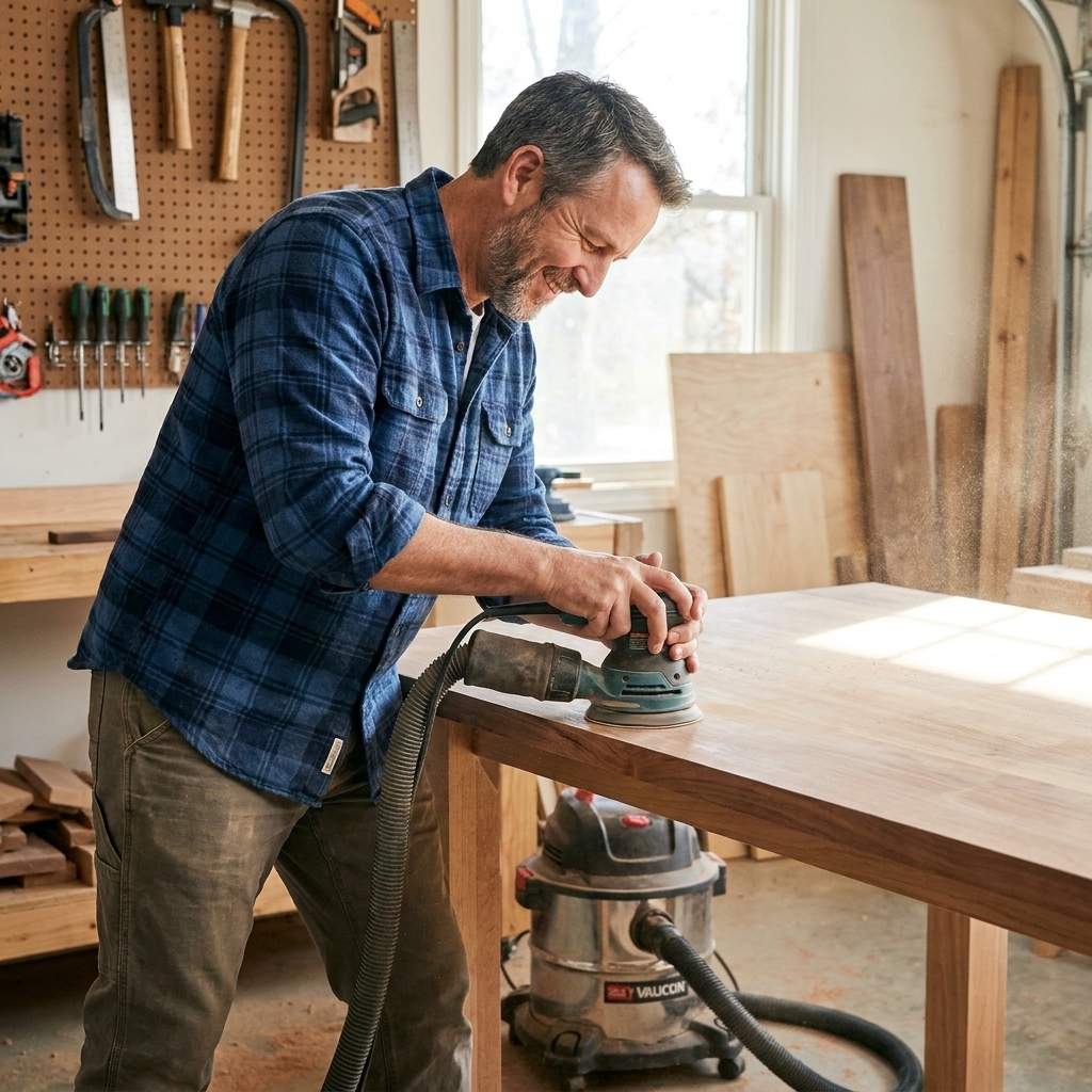 A random orbital sander connected to a small shop vacuum with a hose, sanding a hardwood tabletop in a workshop