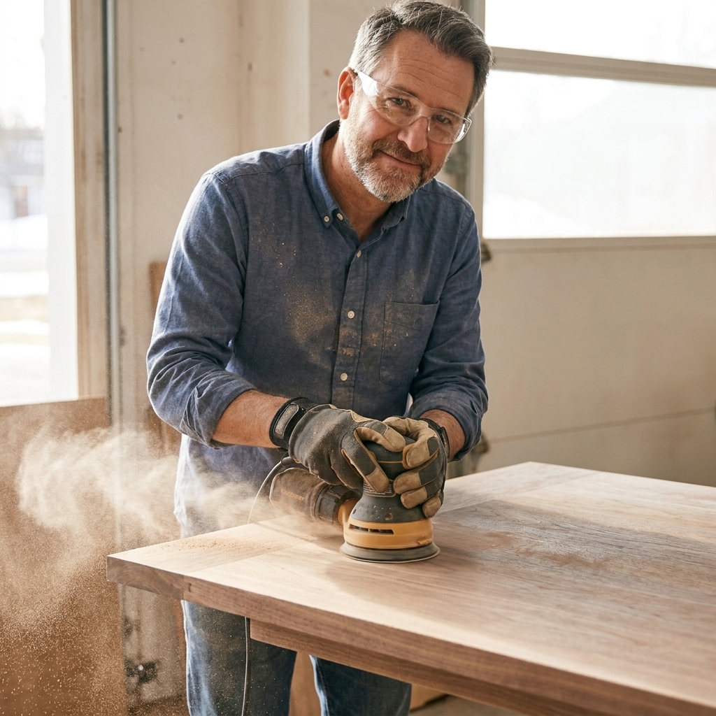 A random orbital sander smoothing a hardwood tabletop, with fine dust visible near the edge and the operator keeping the tool flat