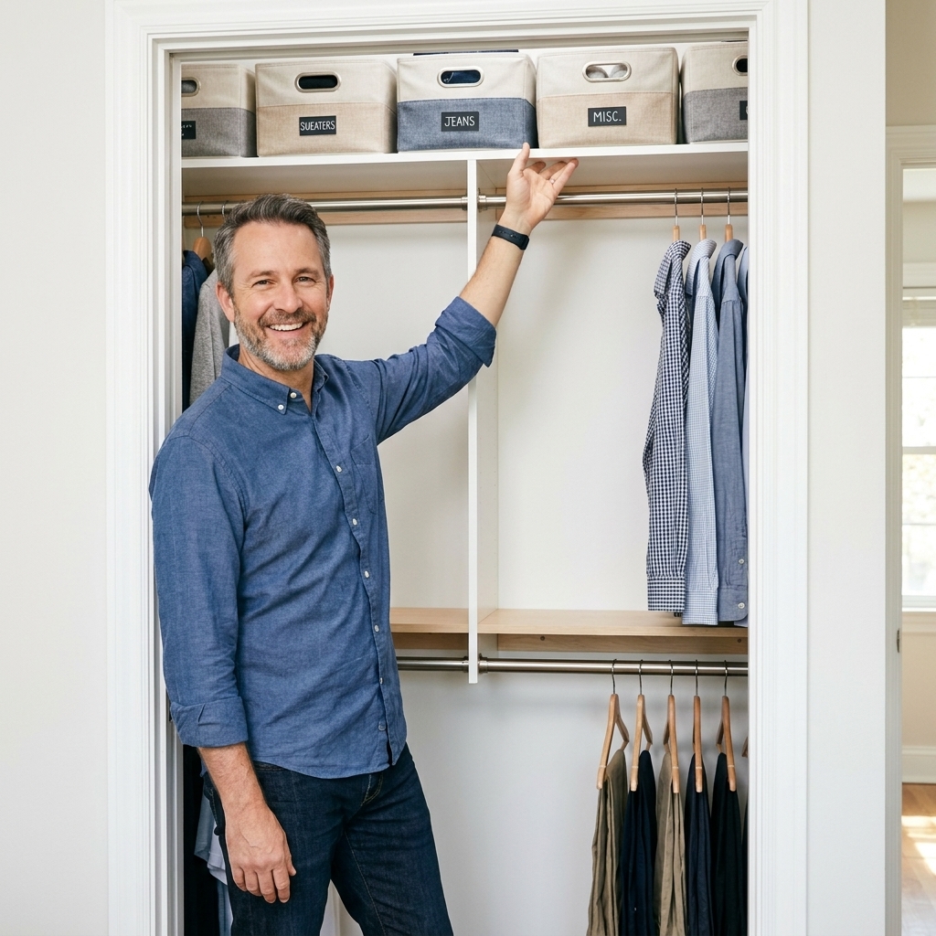 A reach-in closet with a newly installed double hanging rod and a white top shelf holding labeled storage bins