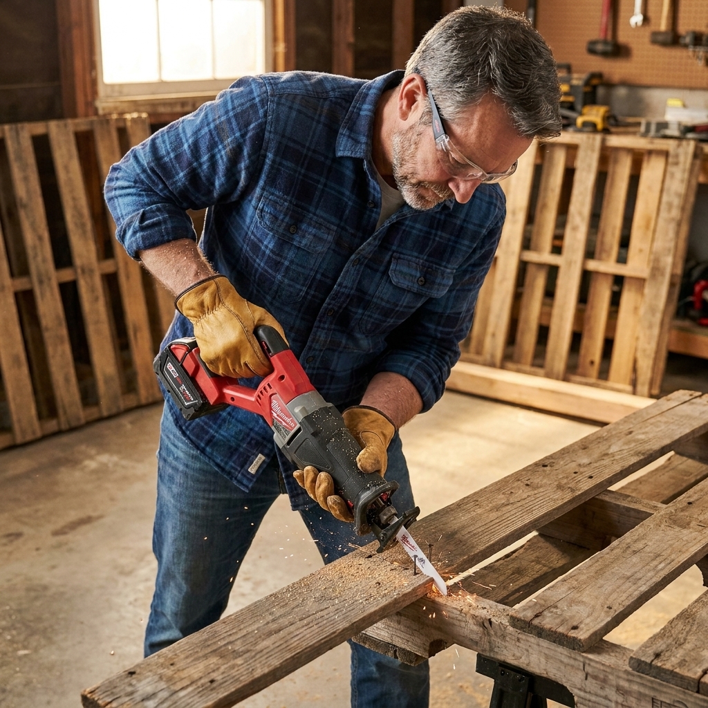 A reciprocating saw cutting through pallet nails between a deck board and stringer using a metal-cutting blade