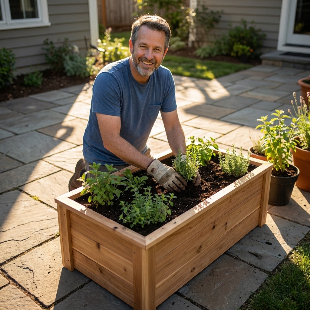 A rectangular cedar planter box on a patio filled with soil and small green plants, with sunlight casting shadows