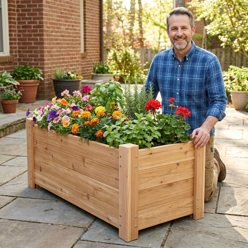 A rectangular cedar planter box on a patio filled with flowers and herbs, with visible screw construction and clean corner posts